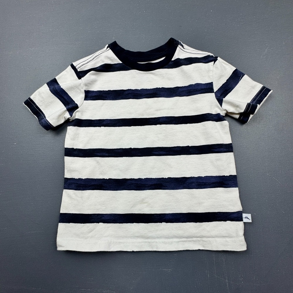 Tommy Bahama Boys Size XS 4 White Navy Striped Short Sleeve Cotton Blend T-Shirt